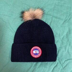 Canada Goose Black Knit Hat with Fur Pom